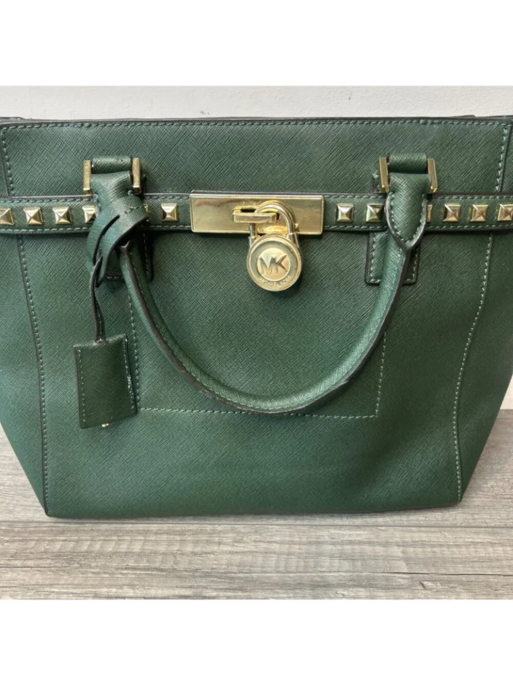 Michael Kors Green Hamilton Gold Studded Saffiano Leather Tote Purse Bag Preppy